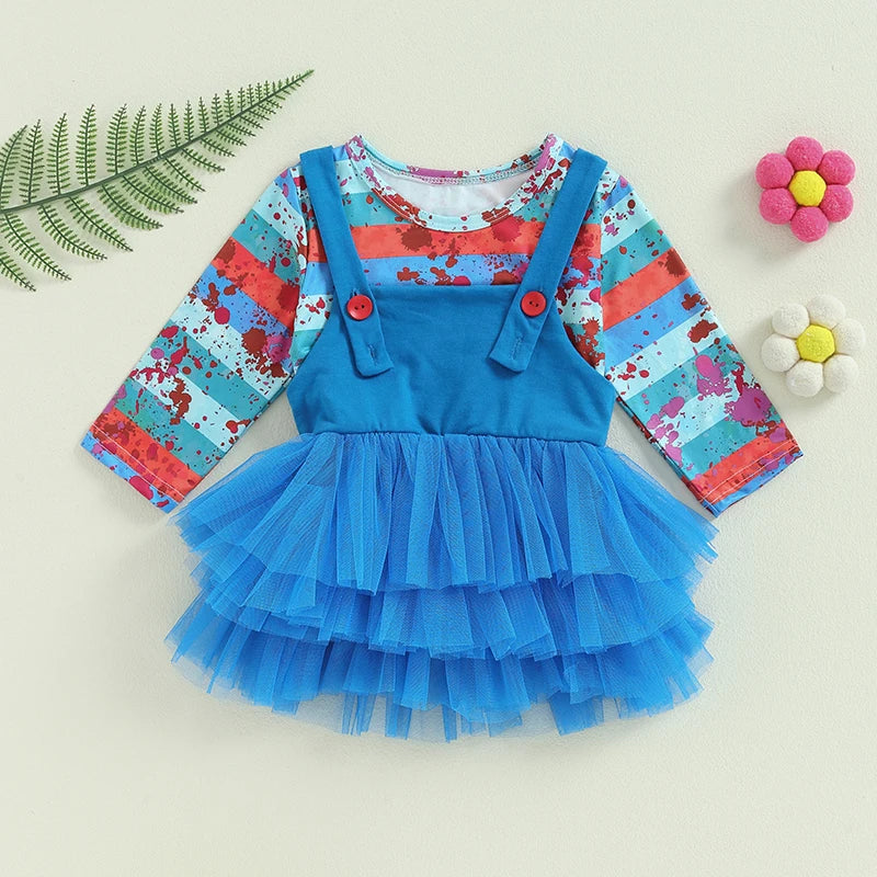 FOCUSNORM 1-5Y Lovely Little Girls Halloween Clothes Sets Bloody Stripe Print Long Sleeve Tops and Lace Tulle Suspender Skirt