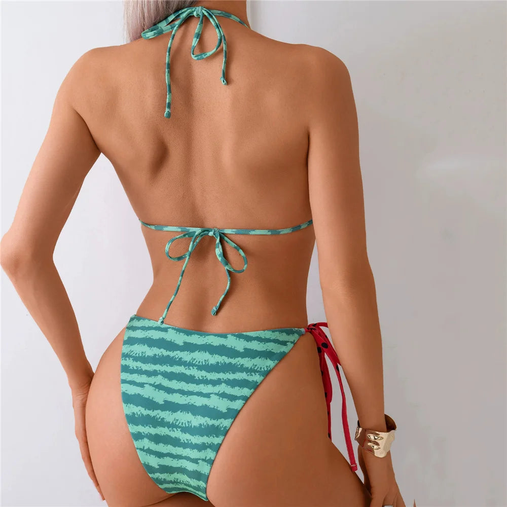 Watermelon Print Swimwear String Halter Triangle Thong Micro Bikini 2025 Sexy Swimsuit Women Brazilian Bikinis Sets Beach Wear