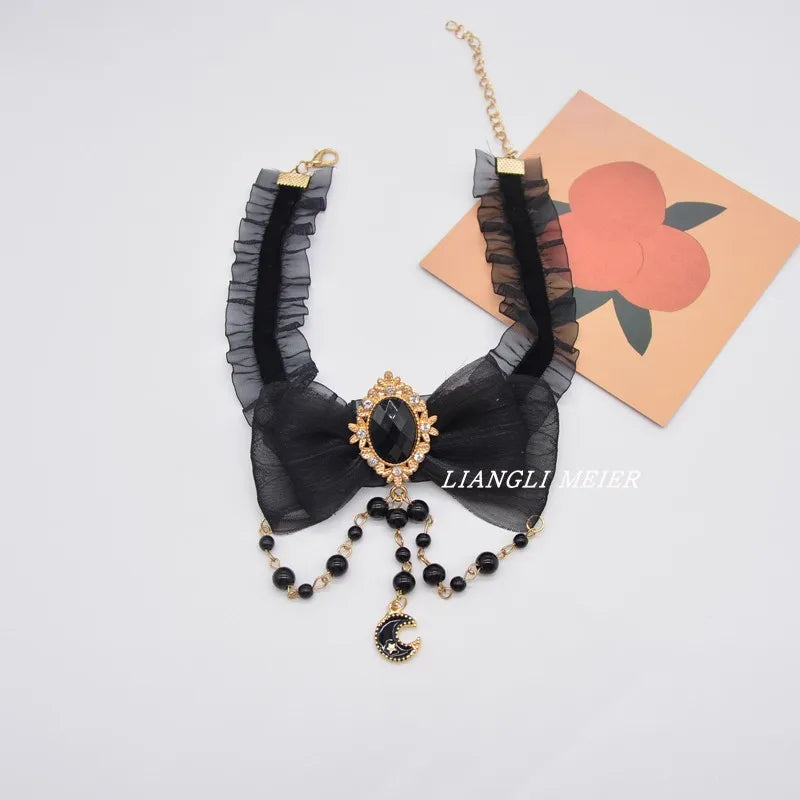 Retro Black Lace Choker Handmade Women's Necklace Black Beaded  Pendant for Cool Lady Trendy Dark Girly Fashion Accessories