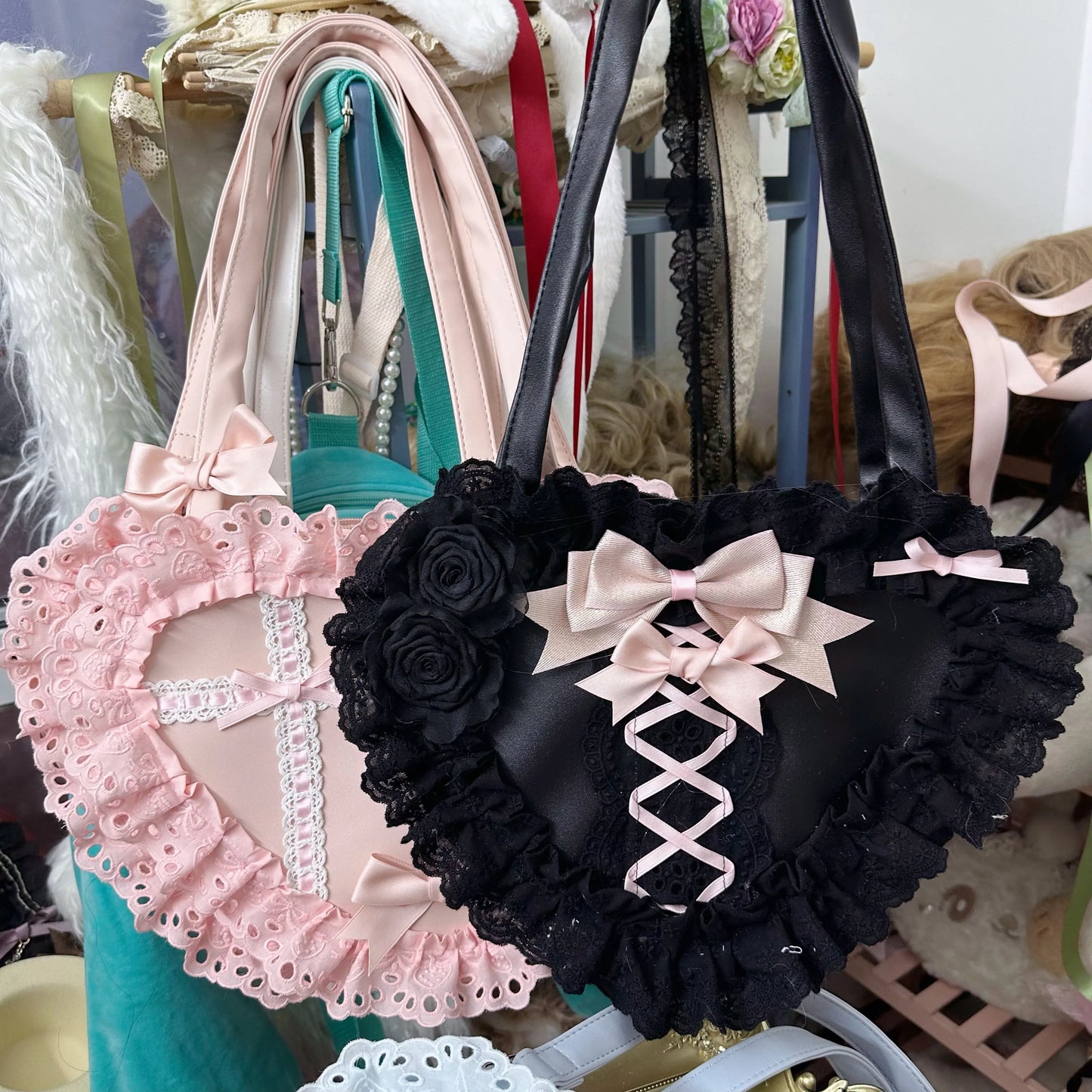 Lolita Handmade Love Heart Lace Flower Cute Shoulder Bag Sweet Girl Students Bow Tote Handbags