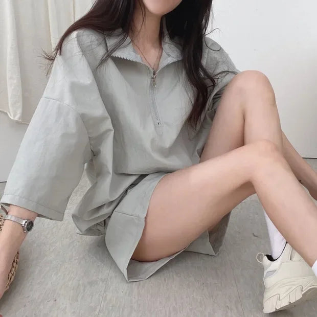 Korean Style Women's Summer Casual Sports Sun Protection Suit Two-Piece Set Workwear Jacket Shorts Polyester Fiber