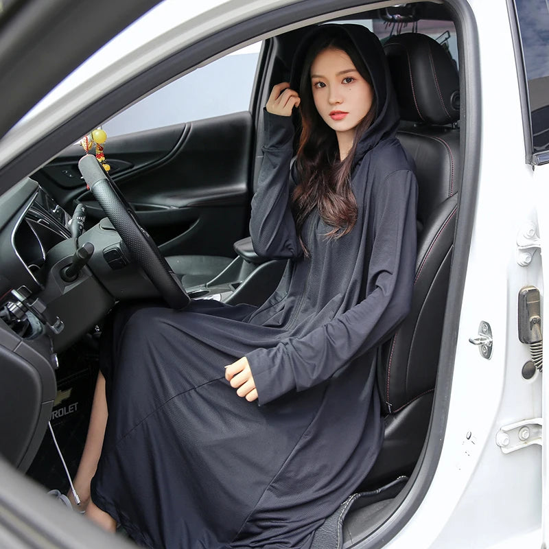 Sunscreen Sun Protection Long Coat Hooded Washable Ruffles Adjustable Waist Beach Anti-UV Dress For Women UPF50+ Long Coat 5XL