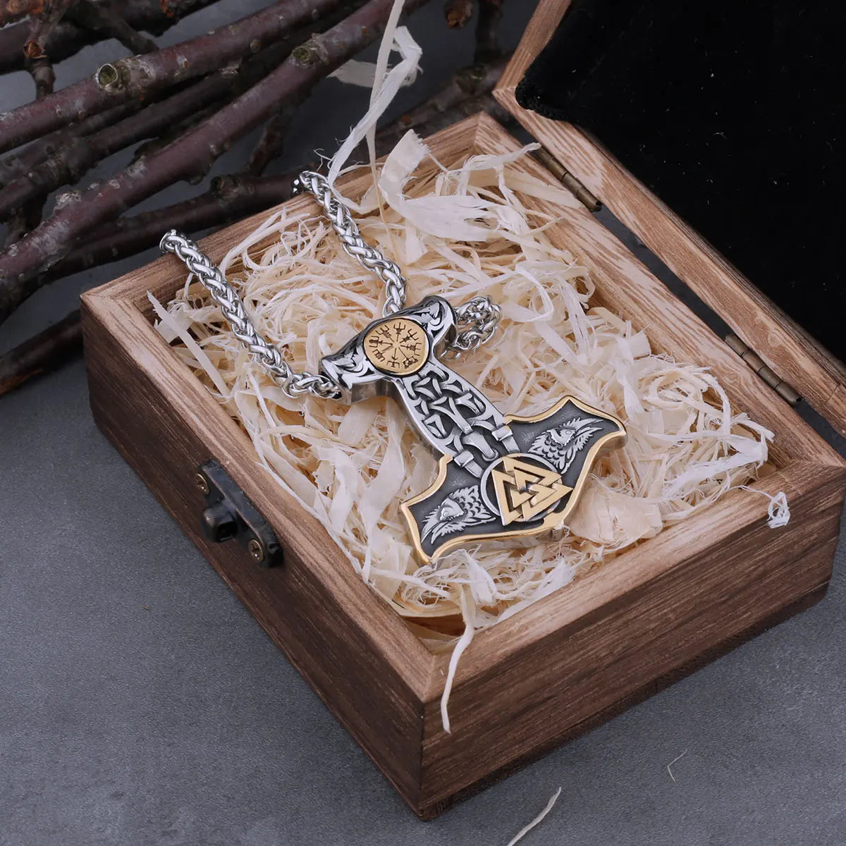 Stainless Steel Viking Thor's Hammer Mjolnir Wolf Head and Road Sign Compass Necklace Men's Norway Amulet Pendant Viking Jewelry