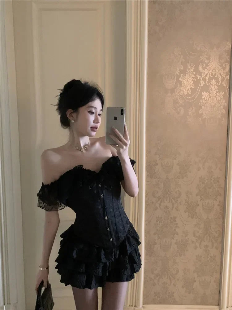 Palace Style Black Fashion Two Piece Sets Women Off Shoulder Lace Up Corset Shirt&Mini Cake Skirt 2025 New Summer 2 Piece Sets