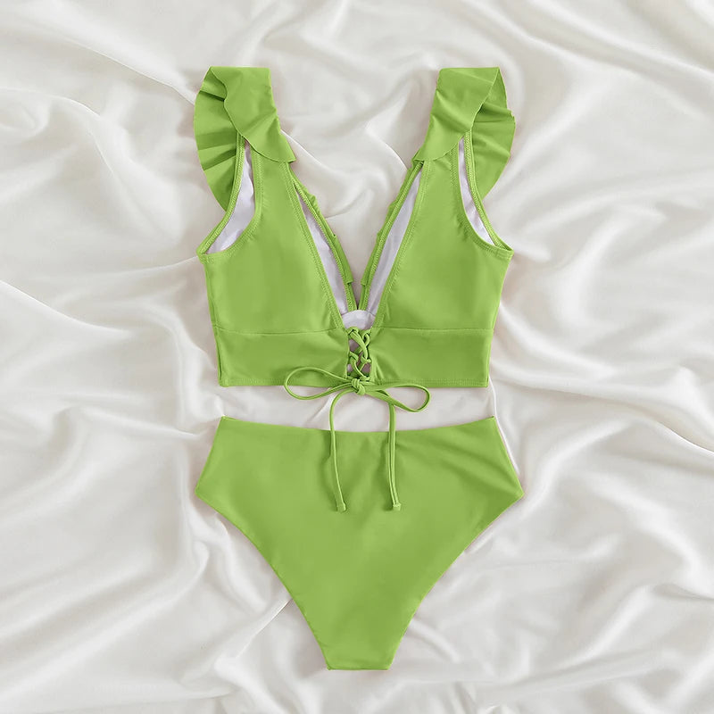 Riseado High Waist Bikinis Set Ruffle Shoulder Sexy Plunging Swimwear Women Bathing Suit Summer Beachwear