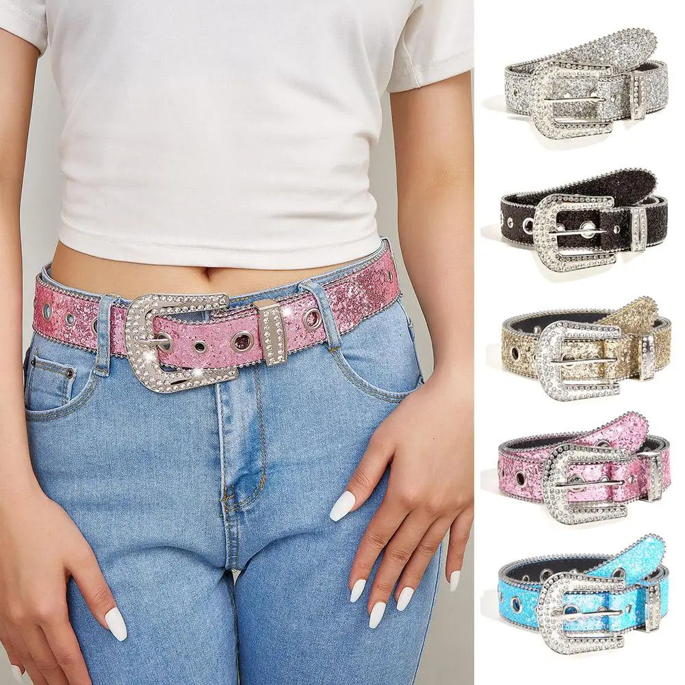 Glamorous New Goth Rhinestone PU Leather Belts - Unisex Fashion for Jeans with Western Cowboy Y2K Edge