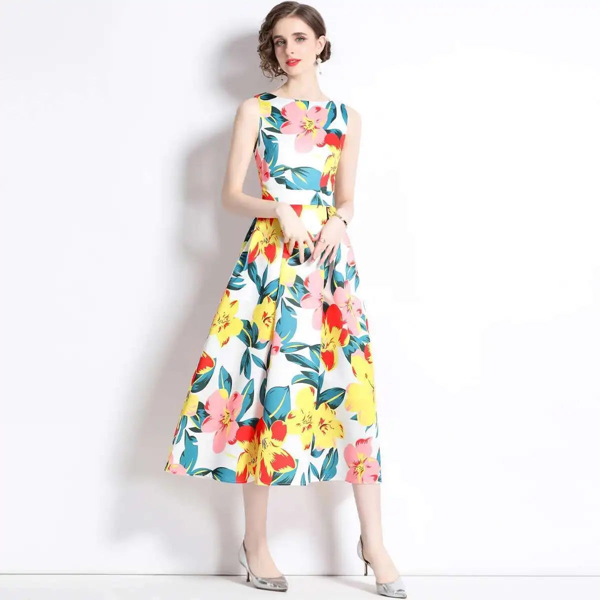 JAMERARY New Summer Hoilday Floral Midi Dress Women Printed A Line Long Vestidos