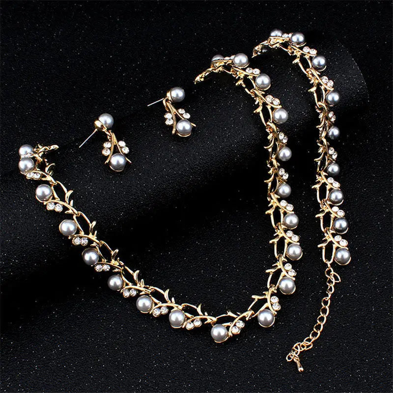 Classic Imitation Pearl Necklace Earring Bracelet for Women Kpop Fashion Gold Color Zircon Wedding Jewelry Sets Bride Accesories