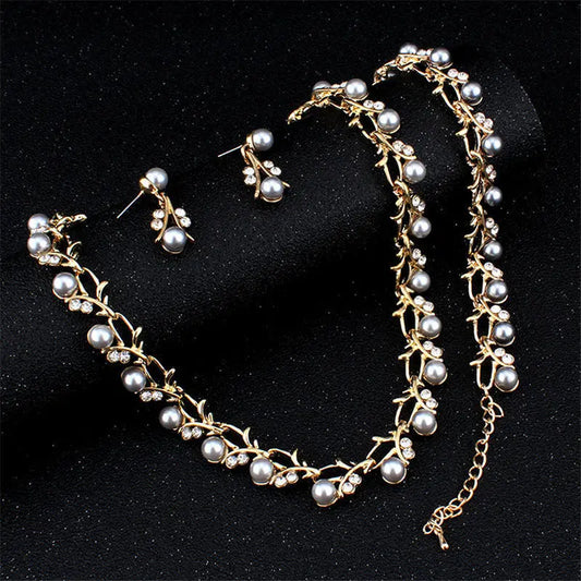 Classic Imitation Pearl Necklace Earring Bracelet for Women Kpop Fashion Gold Color Zircon Wedding Jewelry Sets Bride Accesories