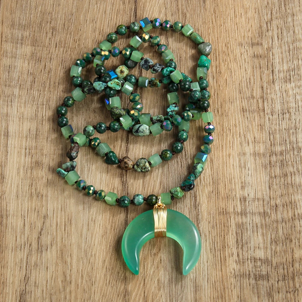 New Natural Crystal Aventurine Jade Agate Bull Horn Pendant 6mm Natural Stone Glass Knot Necklace Sweater Chain Women's Gift