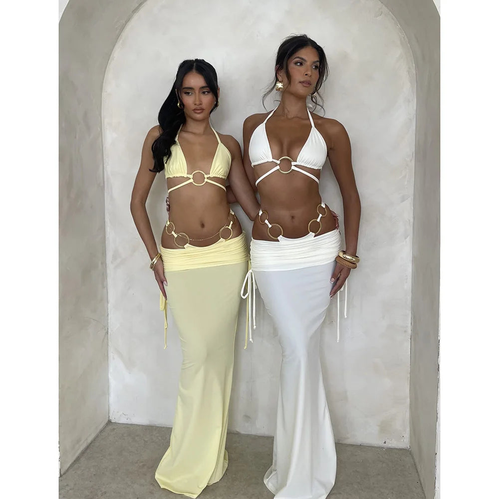 Sexy Solid 3 pieces Bikini Set With Long Skiirt Women Swimsuit 2024 Swimwear Bathing Suit Beachwear Sexy Bikinis Biquini female