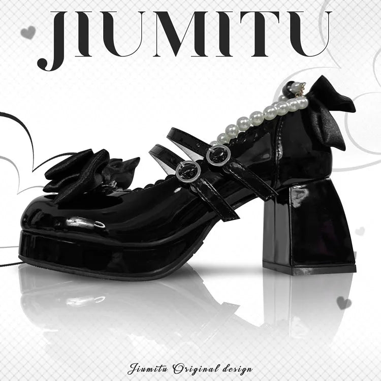 Lolita Shoes New Japanese Cute Round Head Pearl Bow Clips Leather Shoes Pumps Women Mary Jane Shoes High Heels Girls