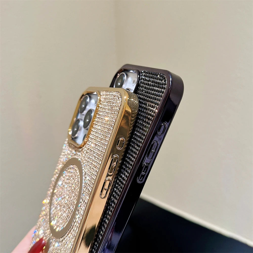 Original For Magsafe Diamond Pattern Phone Case For iPhone 17 16 15 14 12 13 11 Pro Max Plus Magnetic Bling Shiny Solid Cover