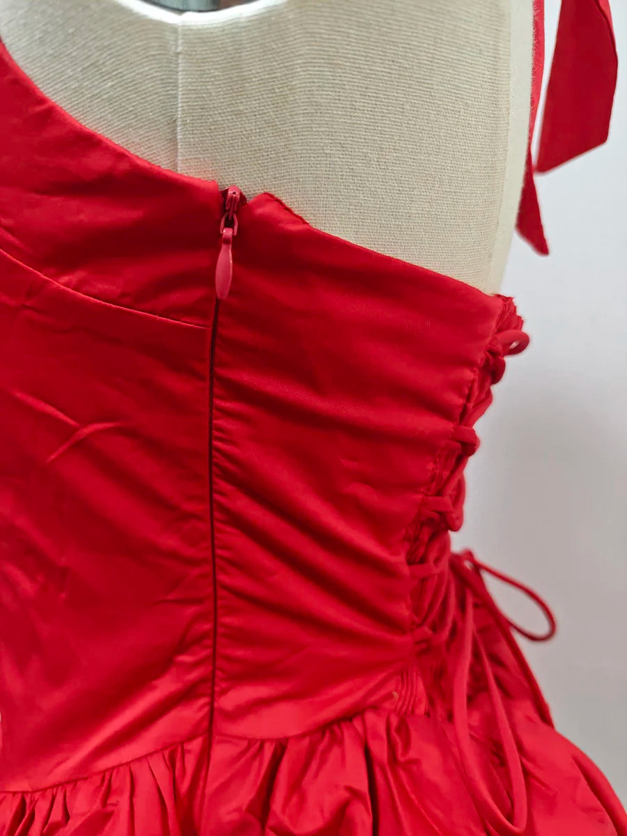 VGH Sexy Temperament Tunic Ball Gown for Women Halter Sleeveless Patchwork Lace Up Short Prom Dresses Female Clothing Fashion