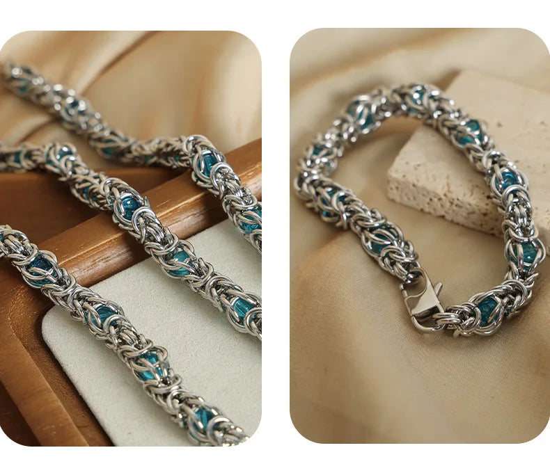 Men's Biker Punk Hip Hop Rock Jewelry Accessories Stainless Steel Byzantine Chain Braided Chain Necklace Bracelet Set