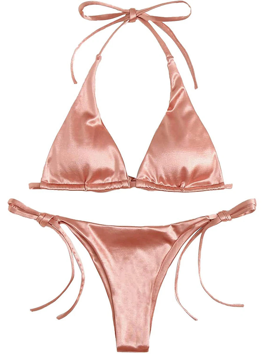 Metallic Halter Triangle Bikini 2023 Swimsuit Women Swimwear Female Bathing Suits Brazilian Thong Micro Bikinis Set Beach Wear