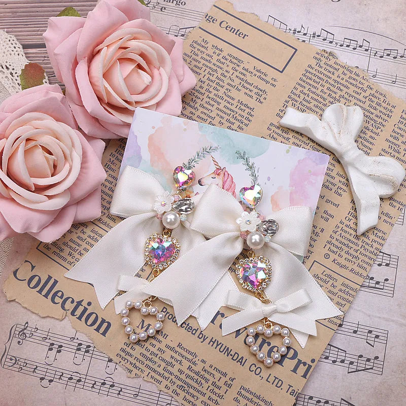 Soft Pink Lolita Earrings Handmade Bow Chic Sweet Girl's Earrings Clips for without Ear Holes/Needles Earring for Woman