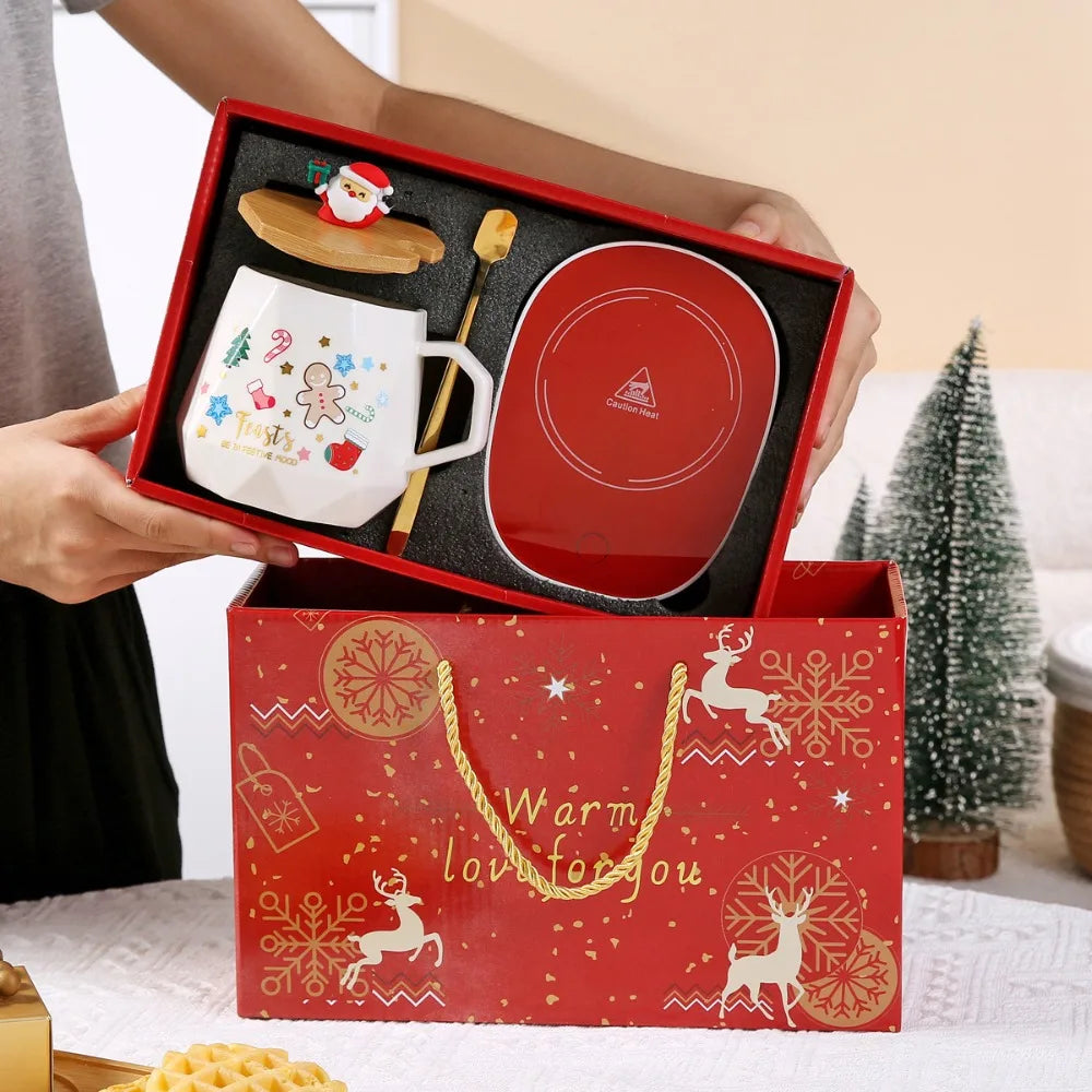 2025 Christmas Gift Set: Warm 55℃ Ceramic Mug with Lid featuring Santa Claus for Office or Home Use