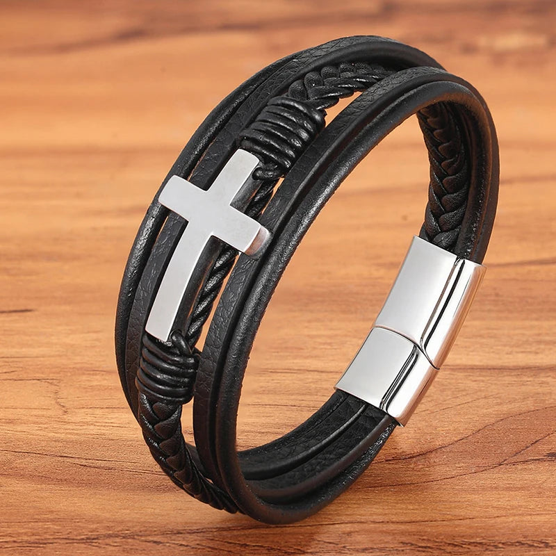 Men's Cross Bracelets Luxury Design Stainless Steel Bangles Classic Leather Bracelet Men Accessories Wrist Band Male Gift