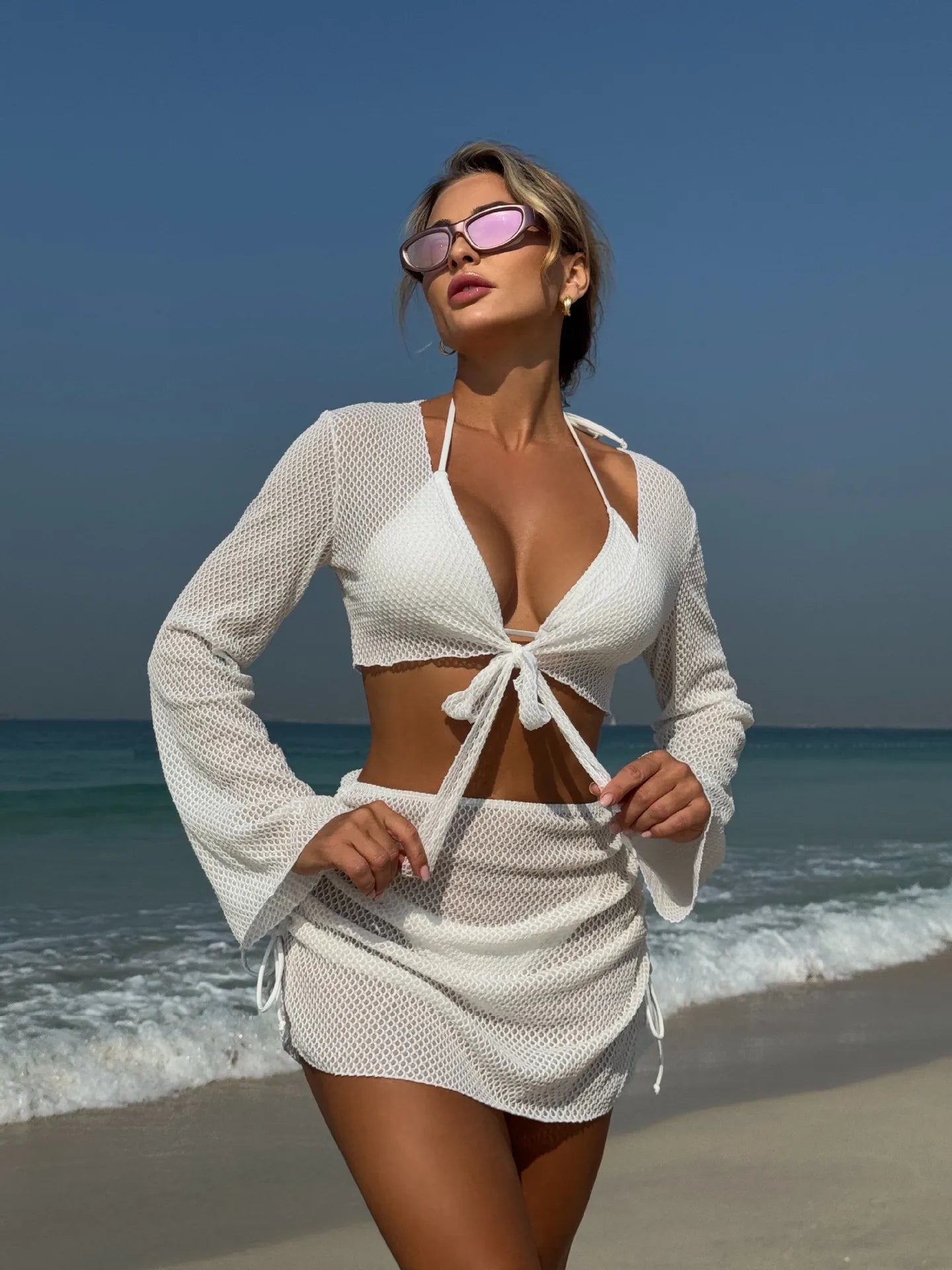 Summer Holiday 4 Piece Bikini Set 2025 Women Sexy White Long Sleeve Cover Up and Skirt Swimsuit Beach Bathing Suit Pool Swimwear