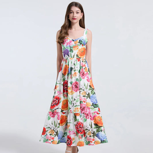 Women Gorgeous Flower Long Dress Swing Sling Dress Spaghetti Straps Floral Backless Dresses Summer Lady Elegant Holiday Outfits
