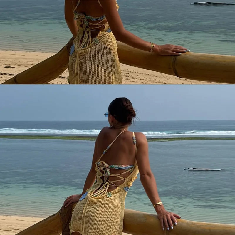 Sexy Beach Women's Set Beading Flower Crochet Crop Top Slim Maxi Skirt Female Suit 2025 Summer Hollow Out Knit Lady Dress Sets