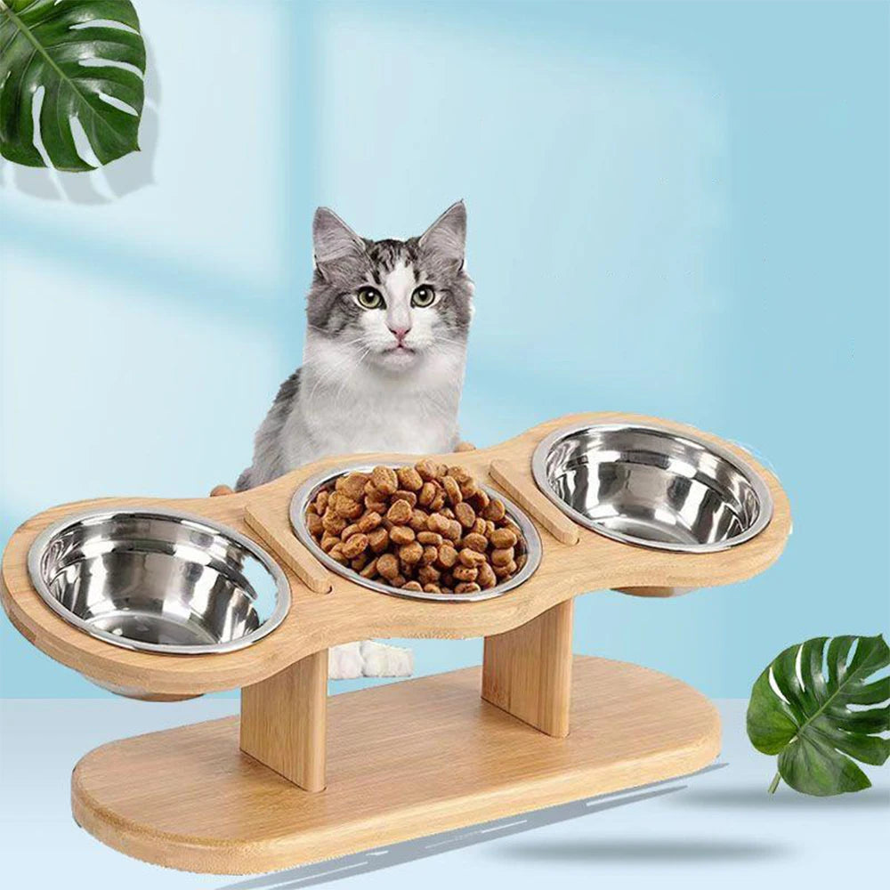 Cat 3 Bowls in 1 Feeder Feeding & Watering Supplies Food Bowl 15-Degree Tilt Raised 3 Stainless Steel Bowls Wood Brackets Puppy