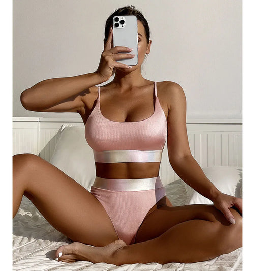 2022 High Waist Bandage Bikini Set For Women Pink Patchwork Bikinis Push Up Deep-V Brazilian Biquini Swimwear Swimsuit Beachwear