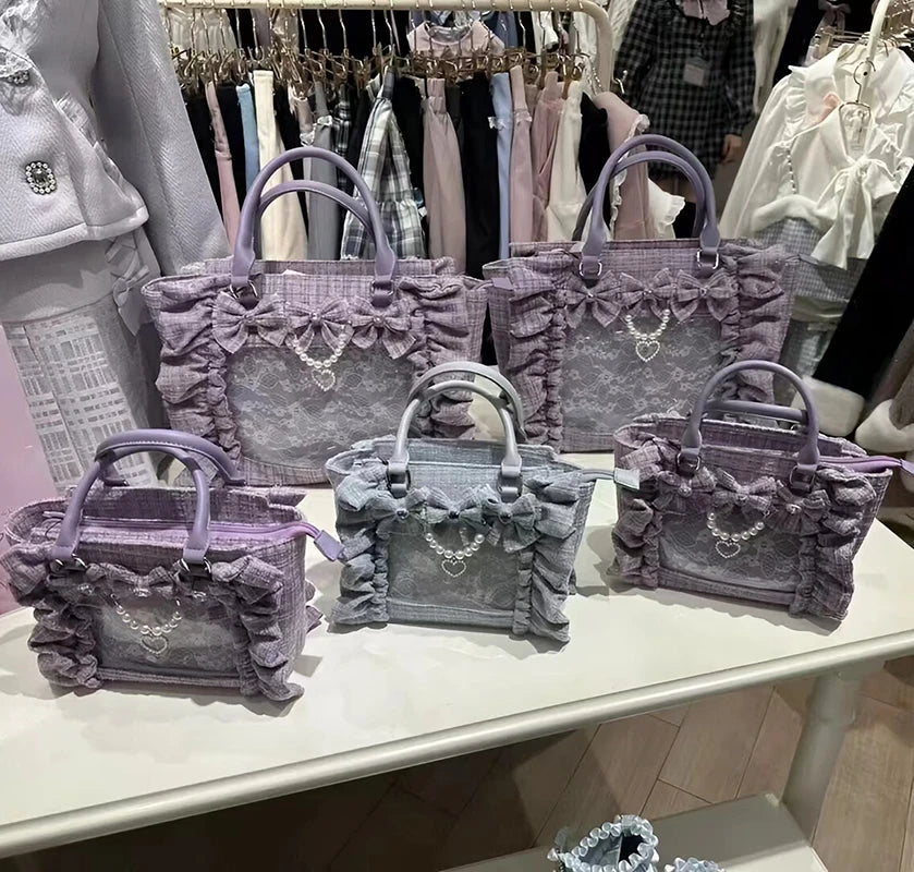 Japanese Style Mine Ita Bag Ruffled Lace Women Girls Rhienstone Pearl Bowknot Square Tote Shoulder Portable Bolso Handbags
