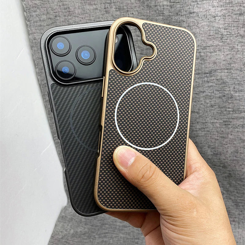 Carbon Fiber Texture MagSafe Phone Case For iPhone 17 Pro 16 pro max 15 Pro 14 13 12 Senior Frosted Wireless Charging Back Cover