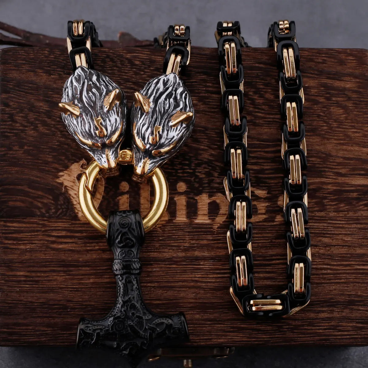 Stainless Steel Wolf Head Viking Amulet Thor Hammer Pendant Necklace Pirate King Chain Men's Necklace Pendant