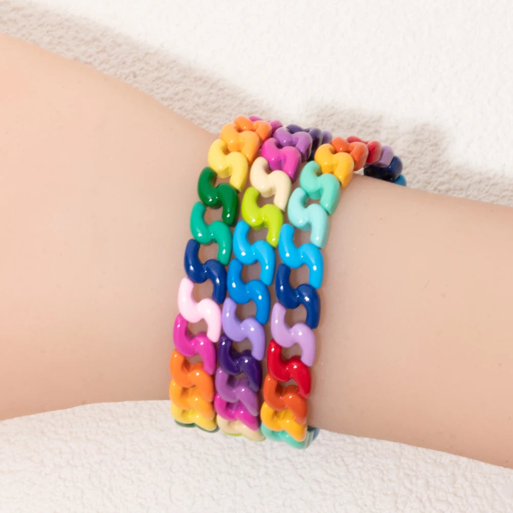 Rainbow Color Link Chain Shape Enamel Bracelets For Women Boho Beaded Bangle Accessory