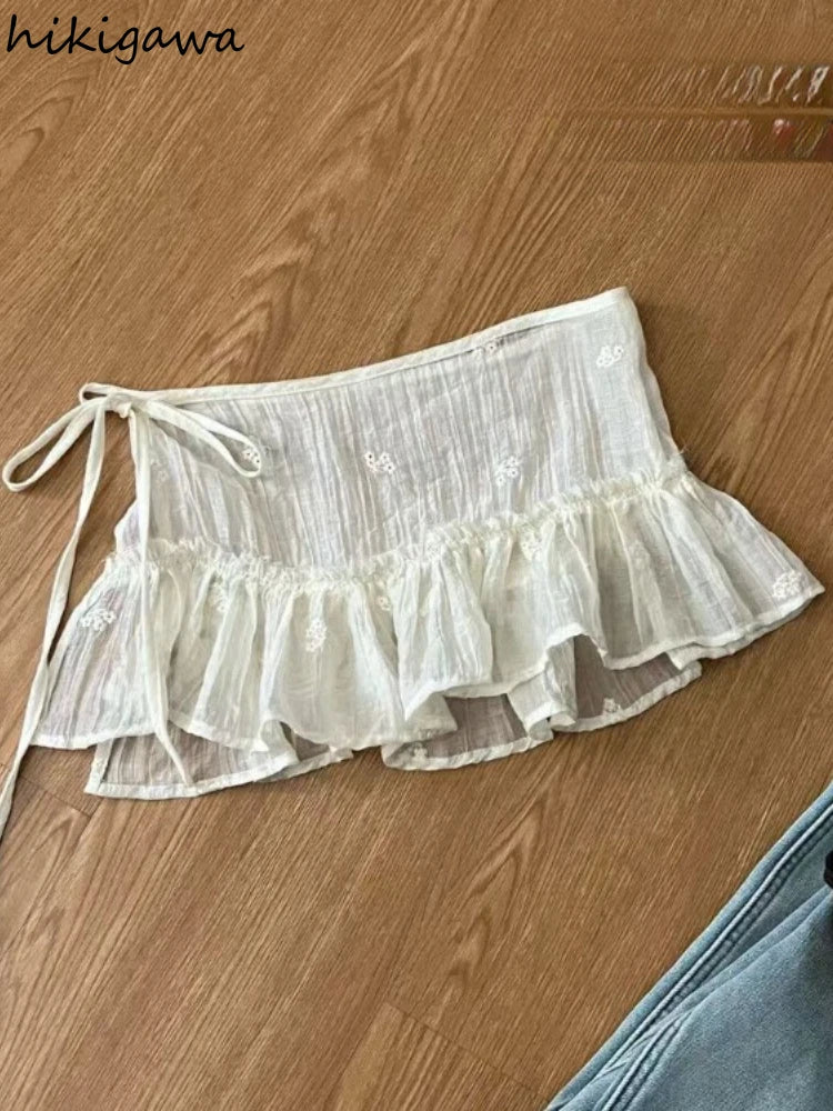 Mini Skirt Women 2025 Faldas Mujer De Moda Chic Saia Solid Color Korean Sweet Jupe Bandage Ruffles Cute Y2k Skirts New Bottoms