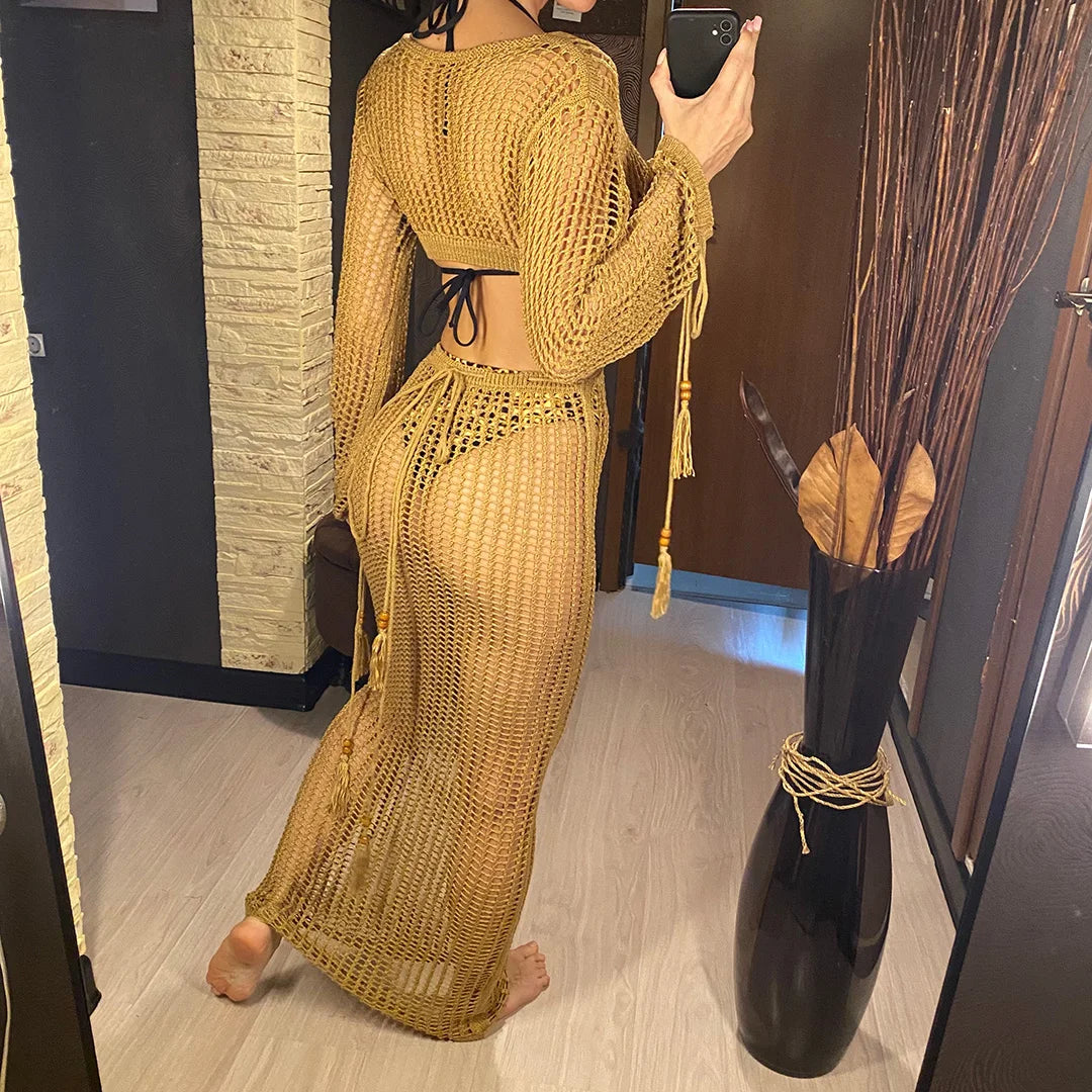 S - XL Long Sleeve Hollow Out Crochet Knitted Tunic Beach Cover Up Cover-ups Beach Dress Beach Wear Beachwear Female Women V5322