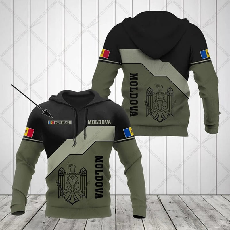 Custom Name Moldova Emblem Olive Hoodies Loose Unisex Pullover Sweatshirts Boy Casual Clothing Oversized Streetwear