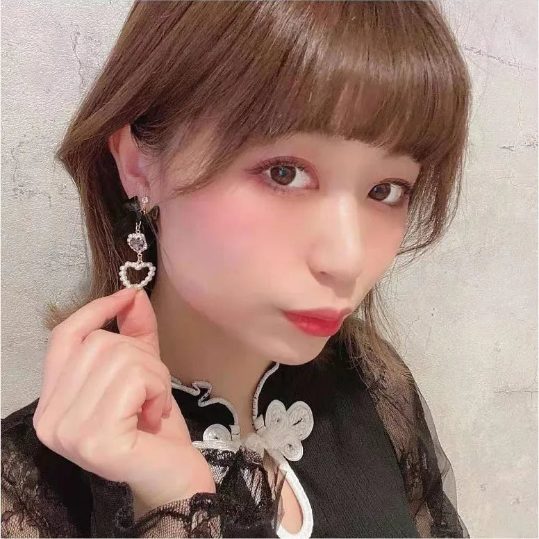 Japanese Style Lolita Sweet Bownot Rhinestone Pearl Heart Shaped Drop Earrings 925 Silver Pin Ear Clip Women Girls Earrings