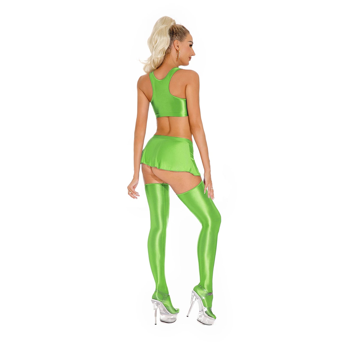 Womens Sexy Glossy Lingerie Set Oil Shiny Nightclub Outfit Crop Tank Tops with Mini Skirt Stockings Pole Dance Clubwear