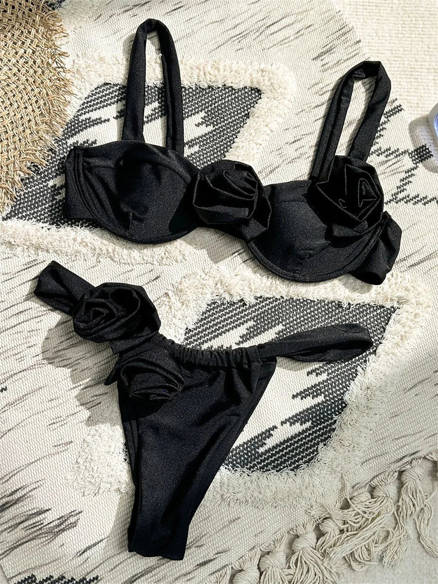 Push Up Bikinis 2024 Sexy Black 3D Flower Designer Bikini Sets Underwire Swimsuit Women Brazilian Bathing Suit Thong Swimwear