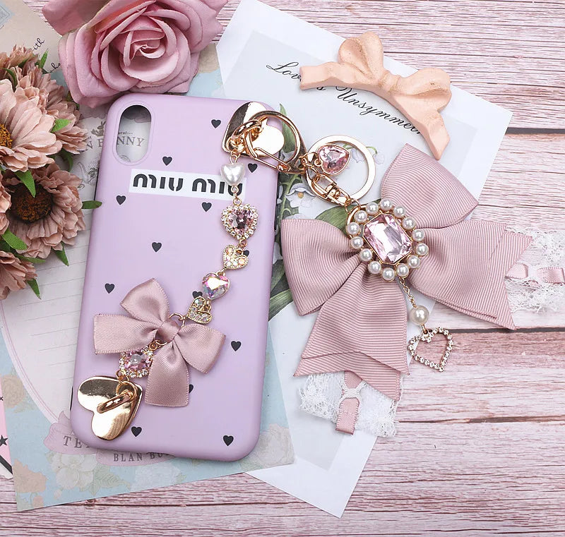 Japanese Sweet Cute Handmade Rhinestone Bow Hairpin Pearl Lace Hairclips Lolita Women Girls Side Clip Bag Pendant Handbag Charms