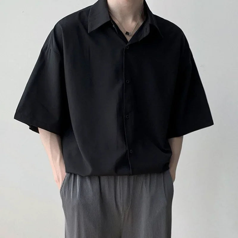 Clothes Short Sleeve Black Male Top Plain Men's Shirt And Blouse With Collar Korean Style Xxl Luxury Summer Original Silk Luxury