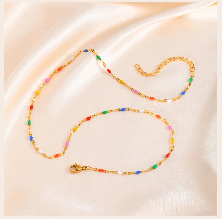 Boho Multi-color Lipchain Choker Chain Necklace Stainless Steel Summer Jewelry for Women Girls Gift