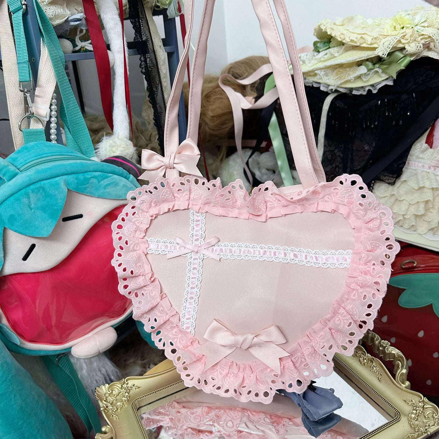 Lolita Handmade Love Heart Lace Flower Cute Shoulder Bag Sweet Girl Students Bow Tote Handbags