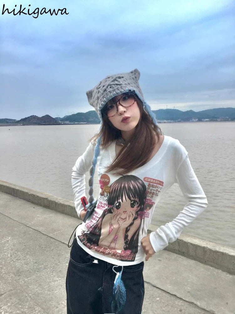Cute T Shirt Women's Clothing Long Sleeve Slim Waist Anime Tees Y2k Tops 2025 Ropa Mujer Casual Fashion Japanese T-shirts 63c405