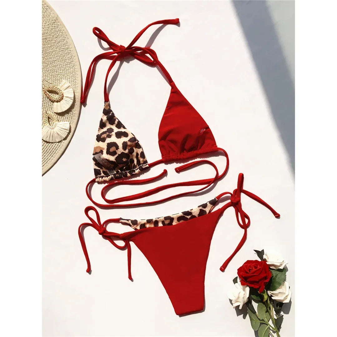 Halter Splicing Leopard Bikinis 2025 Satin Bikini Female Swimsuit Women Swimwear Two-pieces Bikini Set Micro Bathing Suit Swim