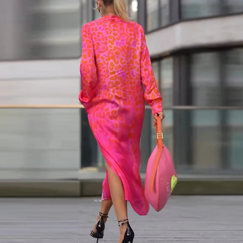 Elegant Leopard Print Long Sleeve Party Dress Woman Spring Summer Casual Button A-Line Dresses Fashion Vacation Split Long Dress