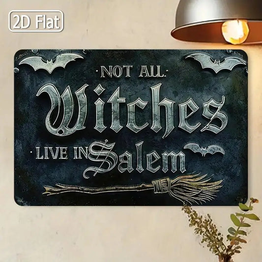 -  Vintage Witch Metal Plaque - Halloween Decor with Bats, Witches Live in Text - Gothic Home Decoration for Living