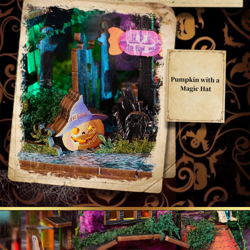 Retro DIY Wooden Halloween Night House Figurines Miniatures Kits With LED Lights Home Desk Decoration For Adult Handmade Gifts
