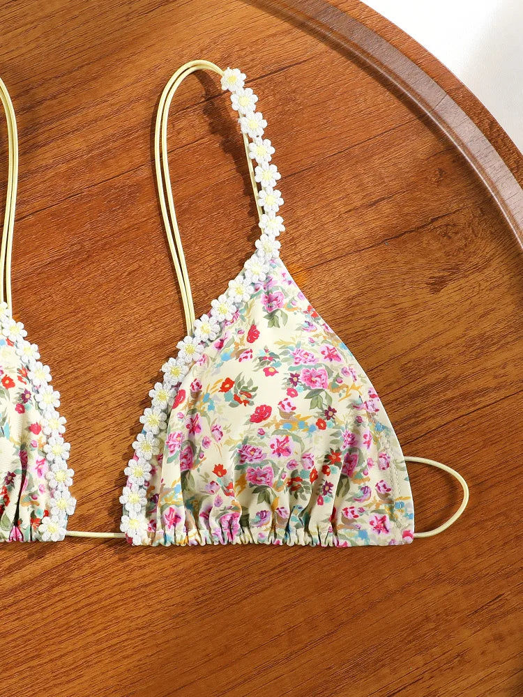 ZRTAK Triangle Lace Bikini Set Sexy Women's Swimwear 2025 Bikinis 3D Floral Print Swimsuit Micro Thong Bandage Bathing Suits
