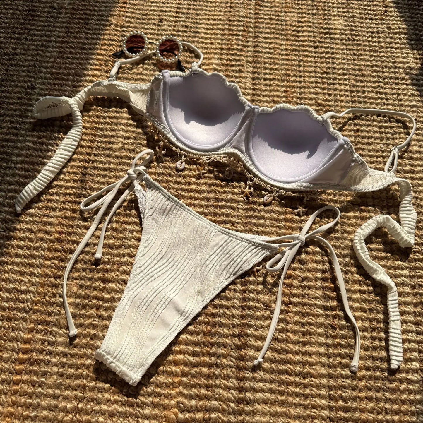 Sexy Shell Starfish Ornament Bikinis Sets Women White Ruffles Push Up Underwire Thong Swimsuit 2025 Beach Bathing Suit Swimwear