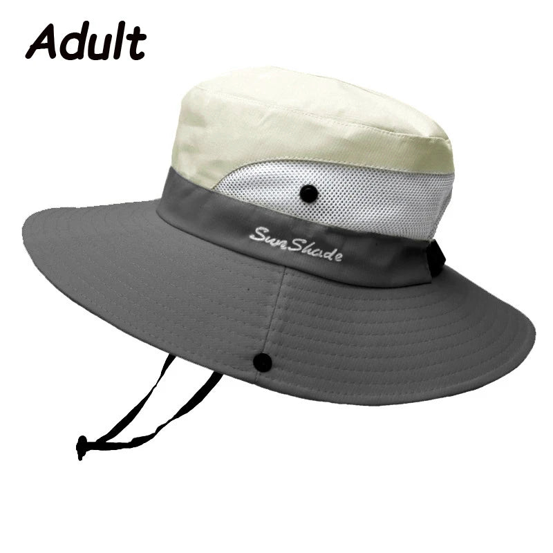 Women Summer Adjustable Bucket Hat with a Ponytail Hole Girls Sun Protection Hiking Cap Parent-child Outdoor Wide Brim Headgear